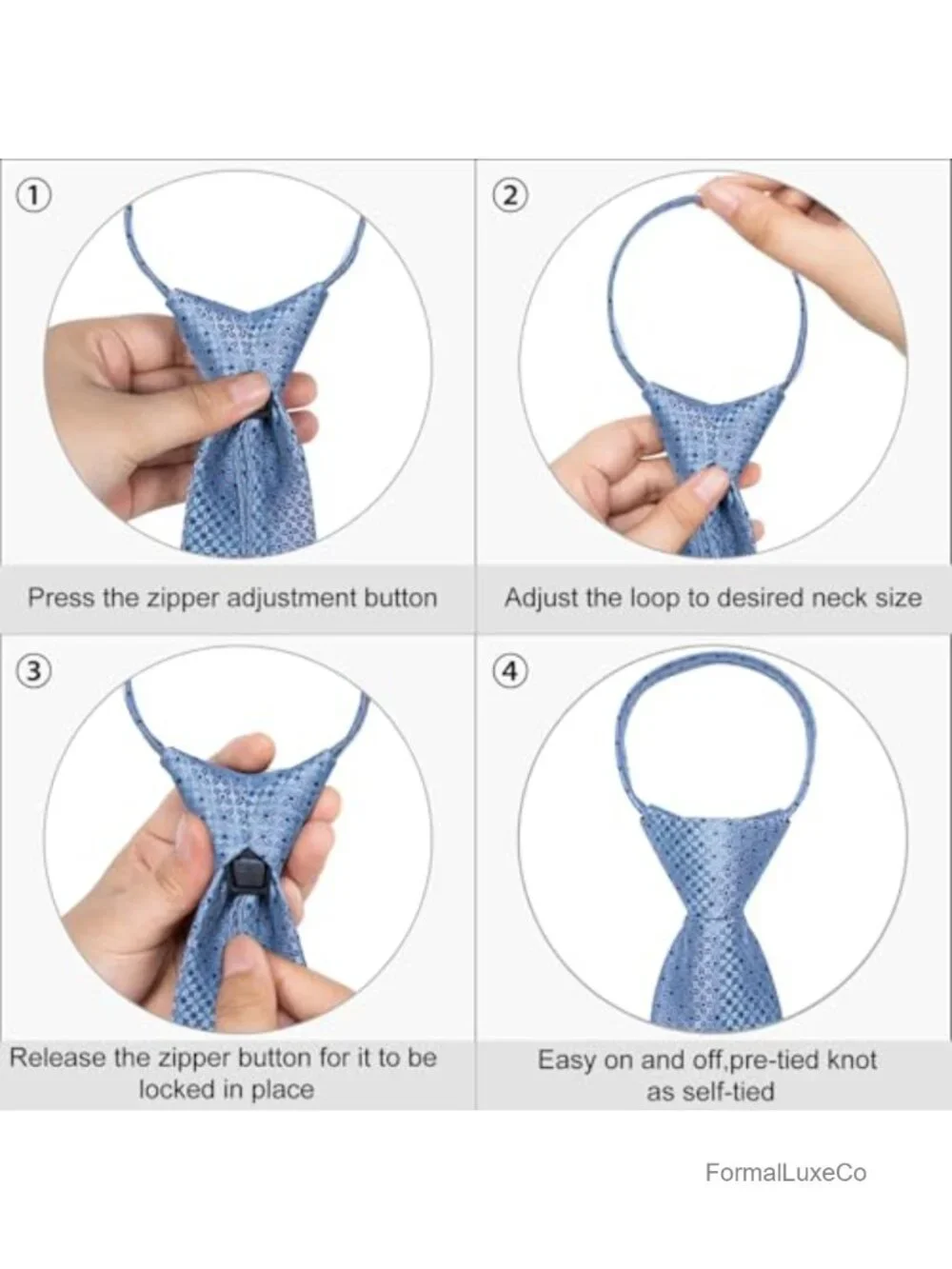 Silk Pre-Tied Zipper Necktie Set with Gift Box, Pocket Square, Cufflinks, Lapel